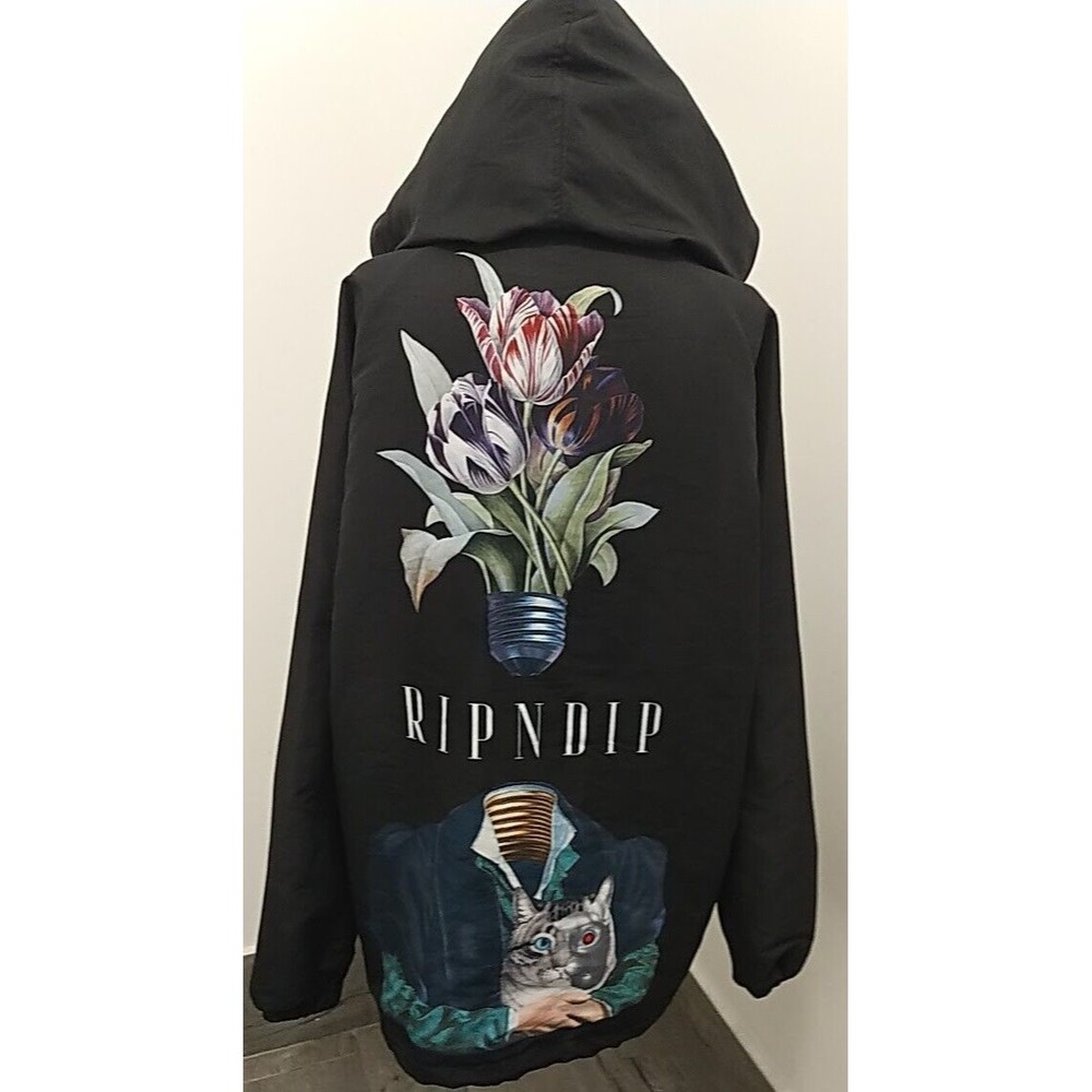 RIP N DIP Lights Out Black Hooded Windbreaker Jacket Cat Flowers Men’s Size Larg